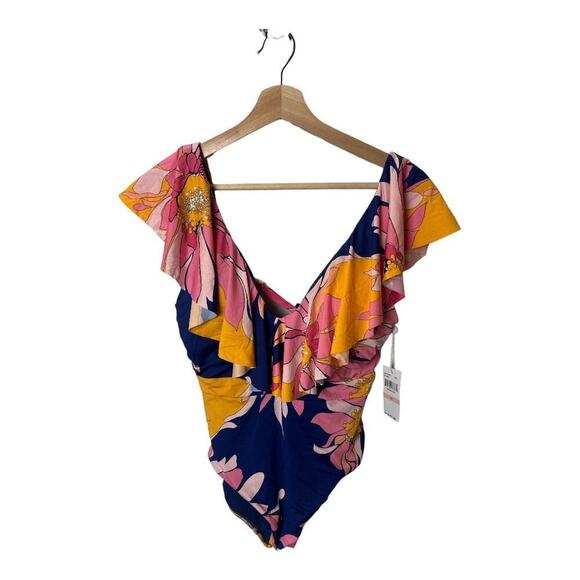 Trina Turk Royal Blue Pink Floral Print Swimsuit One Piece Women's Size 10 NWT - Picture 4 of 8
